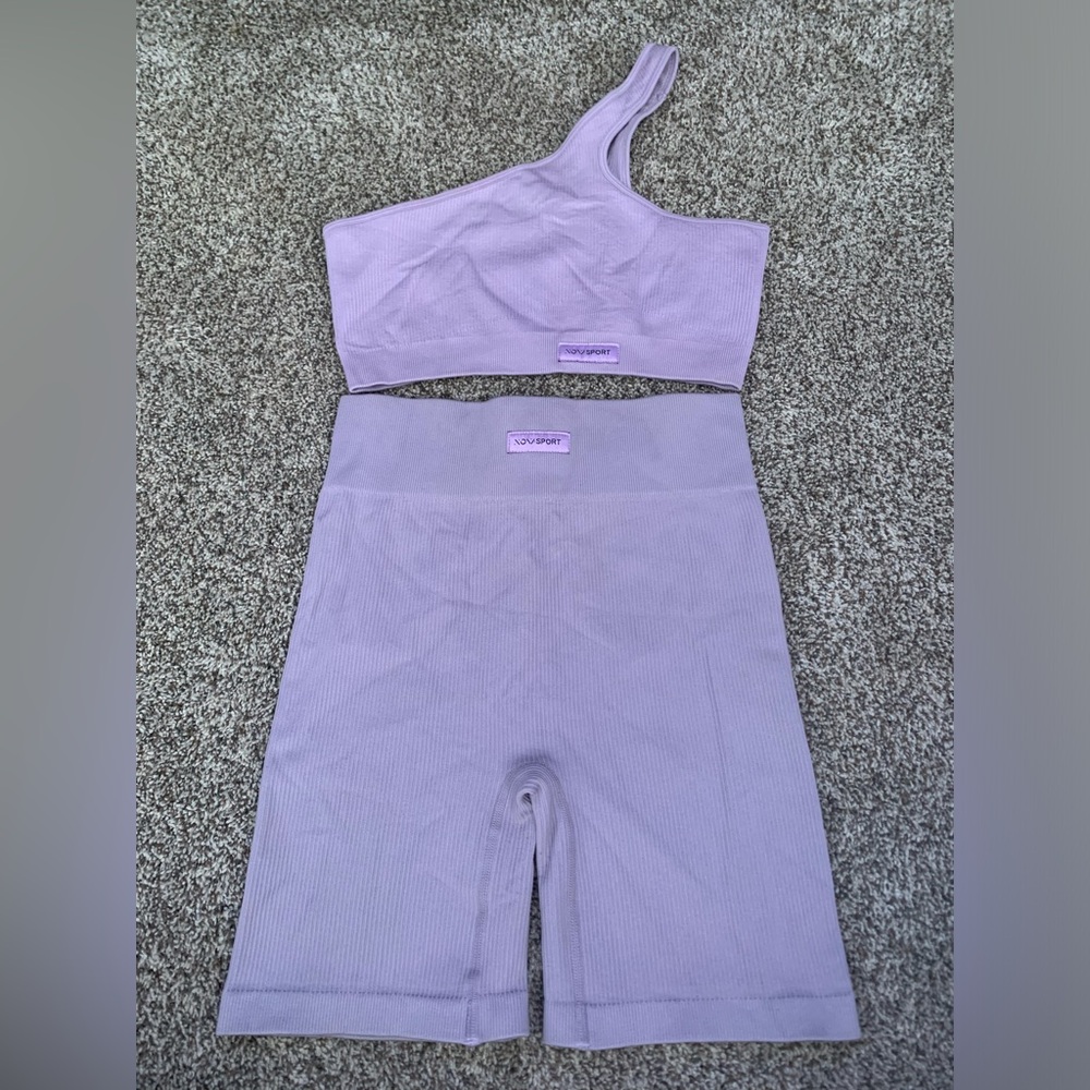 Seamless Lavender Ribbed One-Shoulder Active Set